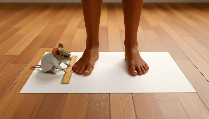 A mouse uses a ruler to measure someone’s feet